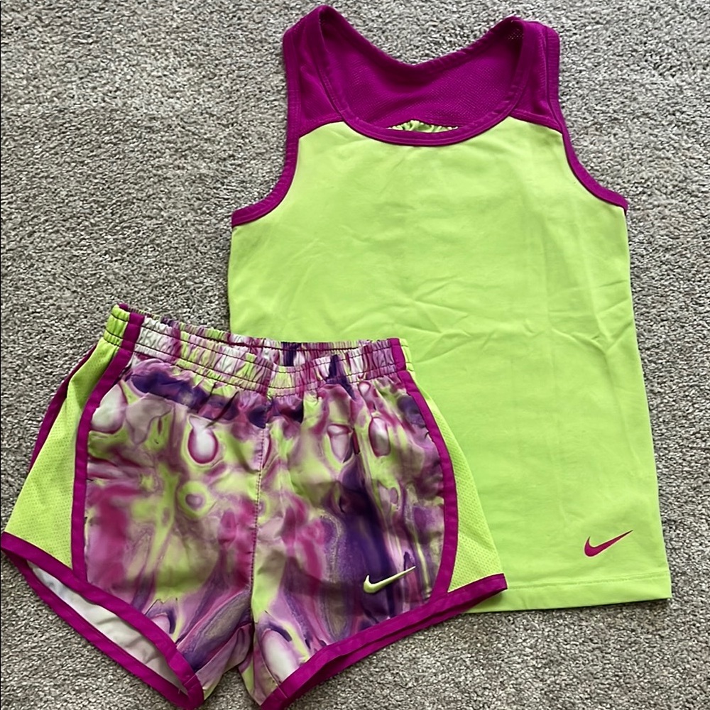 Nike Kids DRI-FIT Neon Tank and Shorts Set - Purple and Lime Tie Dye Shorts Sz 5